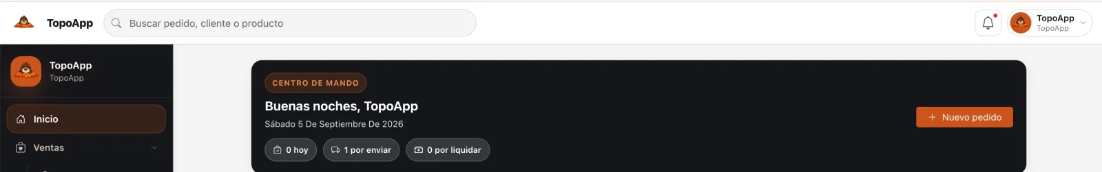 Centro de mando de TopoApp con pedidos por enviar y liquidar en un solo panel